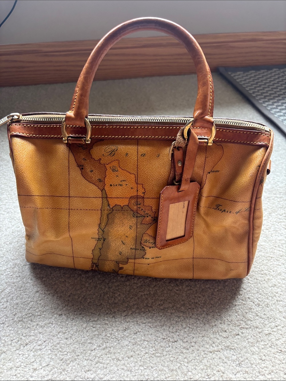 Alviero Martini Map-Print Satchel in Warm Tan and Brown